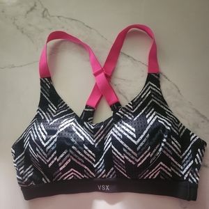 Victoria's Secret VSX Sport Black White Pink Straps Sz 32B Workout Bra Top